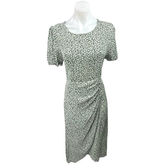 4SI3NNA Green Floral Puff Sleeve Ruched Button Slit A-Line Wrap Midi Dress Sz L - Picture 1 of 5